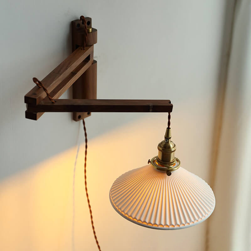 Articulating Wood Arm Wall Sconce with Ribbed Glass Shade – Adjustable Bedside Reading Light for Modern & Japandi Bedroom, Hallway, Living R