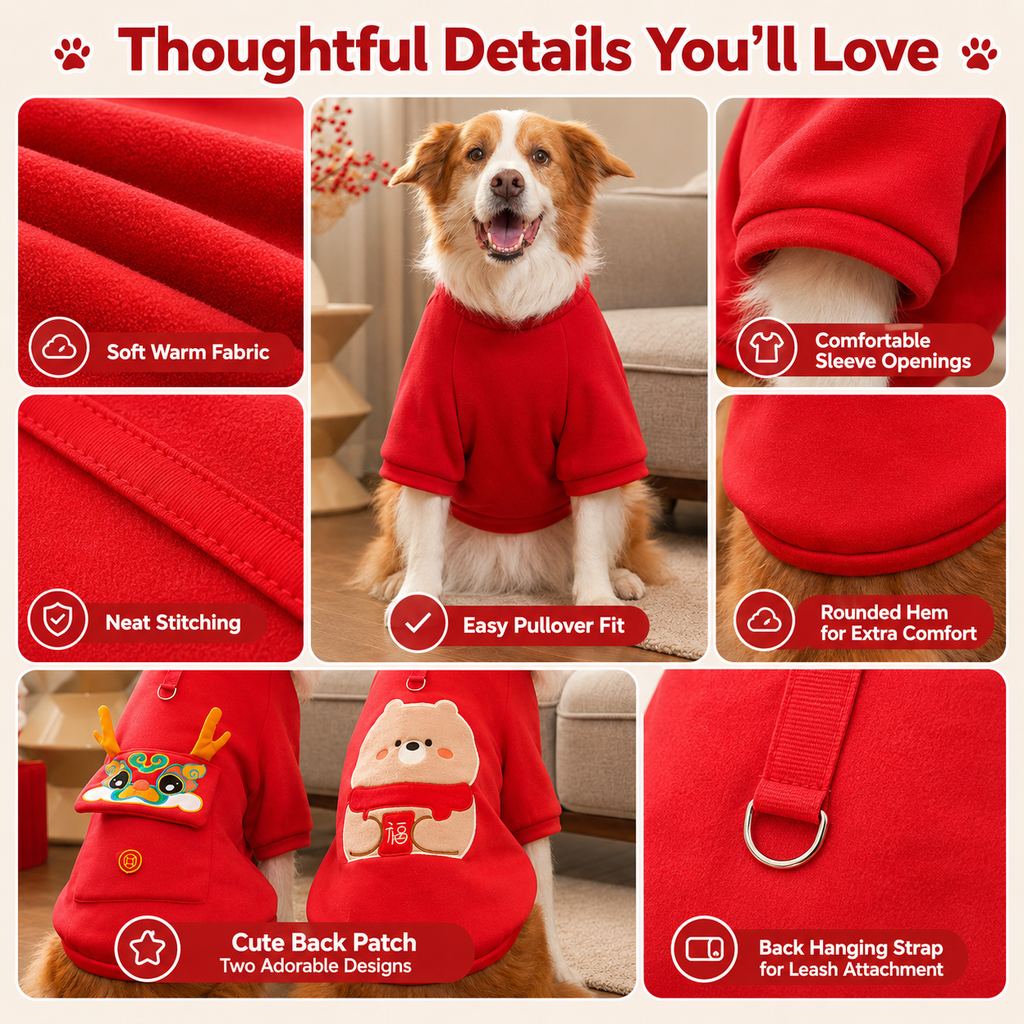 Ortekor Warm Dog Sweatshirt for Cold Weather - Cozy Red Pullover for Indoor Lounging, Winter Walks & Lunar New Year Photos, XS-5XL