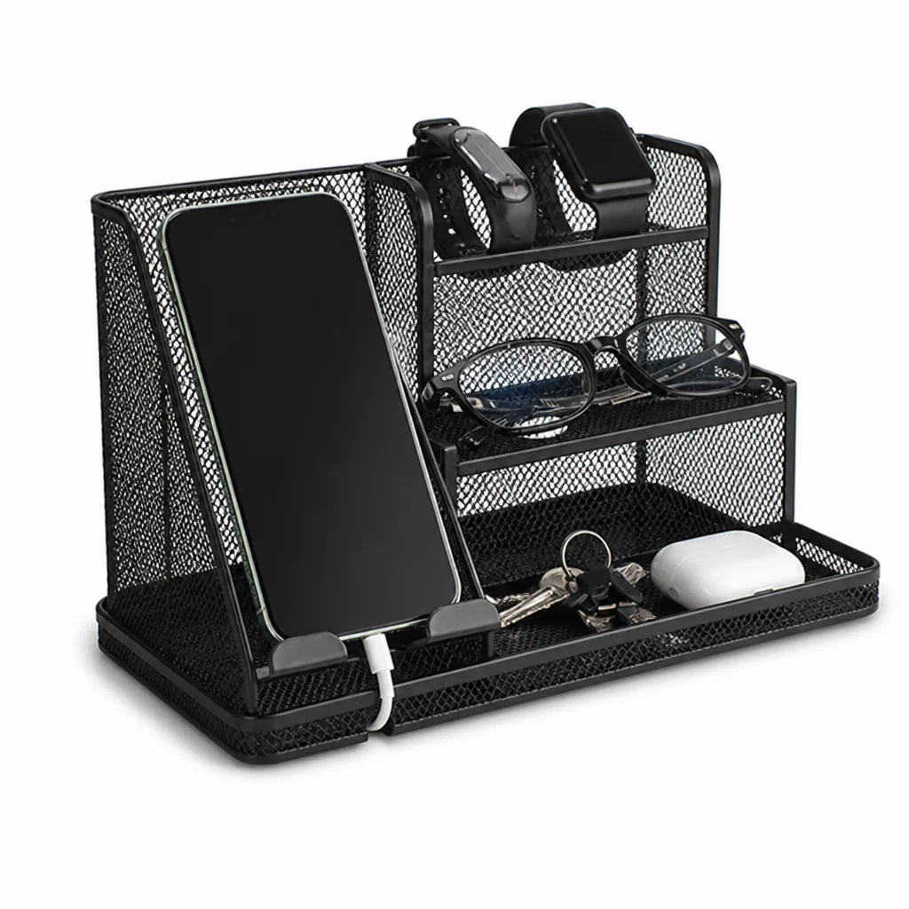 Organizador de escritorio de madera de nogal maciza con múltiples compartimentos (soporte para teléfono y ranura para cables)