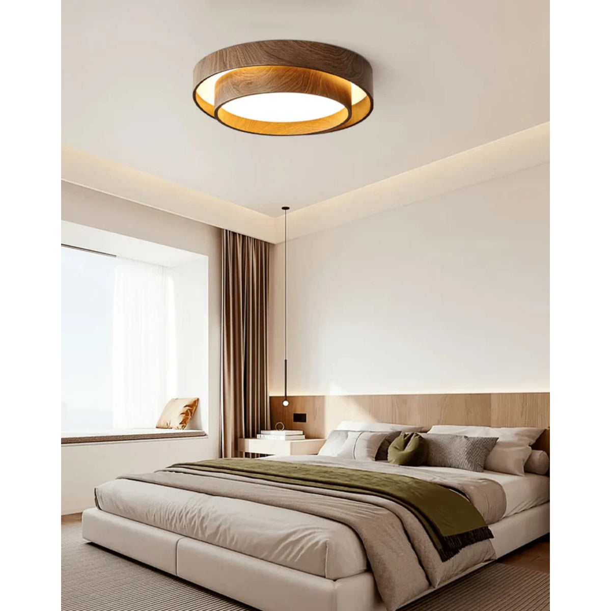 Flush Mount LED Fixture Walnut Grain Finish for Bedroom Living Room Dining Area Low Profile Overhead Lighting Scandinavian Modern Contempora