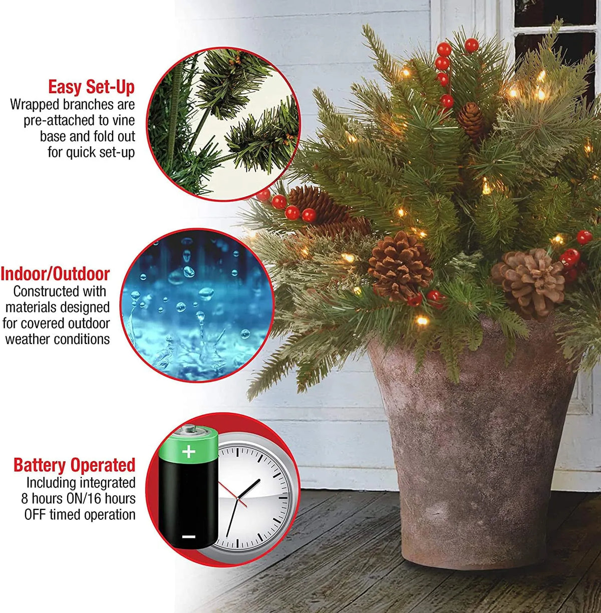 Battery-Operated LED Evergreen Spray with Pine Cones & Berries for Holiday Urns, Planters & Entryways