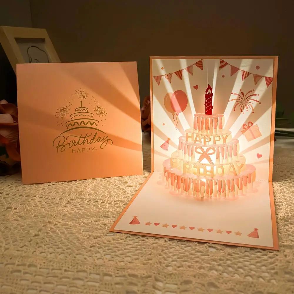 Musical Pop-Up Birthday Card with LED Candle Light | 3D Laser-Cut Cake Design Greeting Card | Sound & Light Keepsake Gift Card for Him or