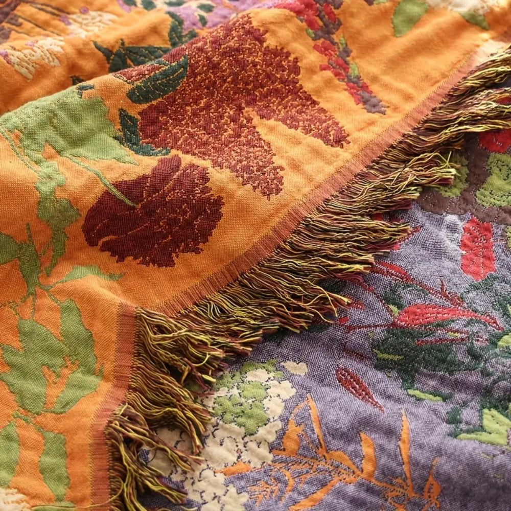 Reversible Cotton Throw Blanket with Floral Jacquard Weave & Tassel Trim for Sofa, Bed, Couch | All-Season Lightweight Decorative Blanket