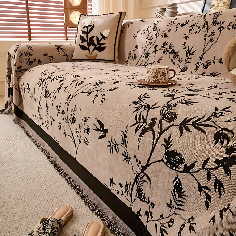 Manta para sofá de chenilla texturizada con borlas – Funda de sofá de jacquard floral para sala de estar, apta para mascotas y antideslizante
