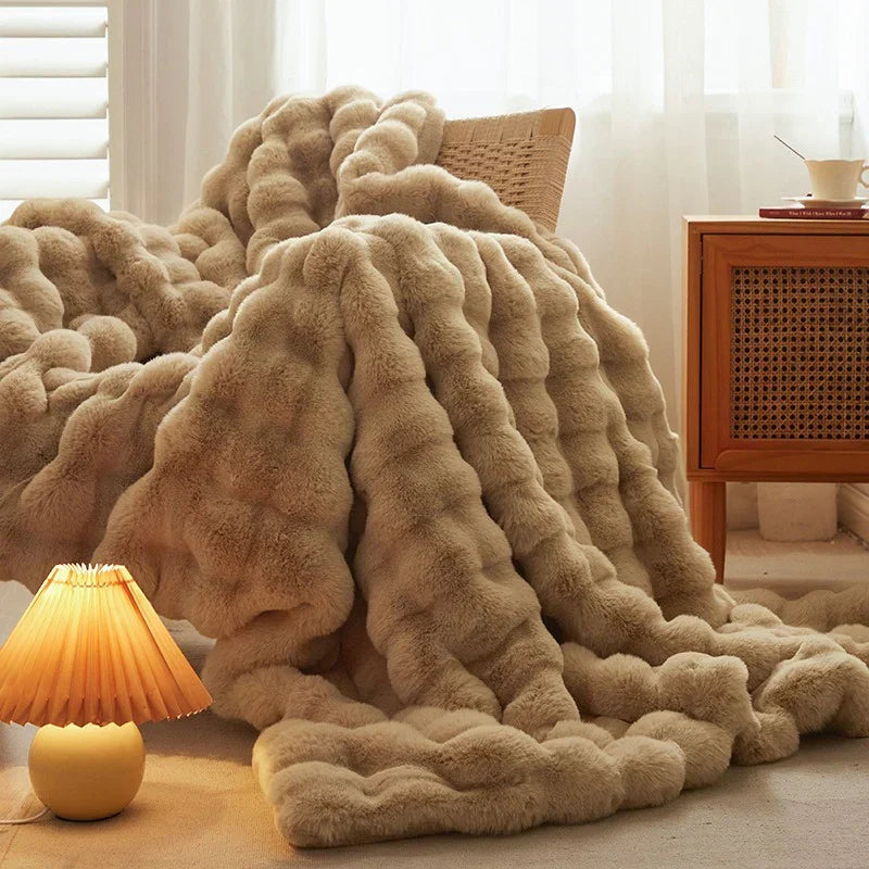 Plush Synthetic Fur Throw Blanket in Neutral Tones for Sofa, Bed, Living Room, and Bedroom