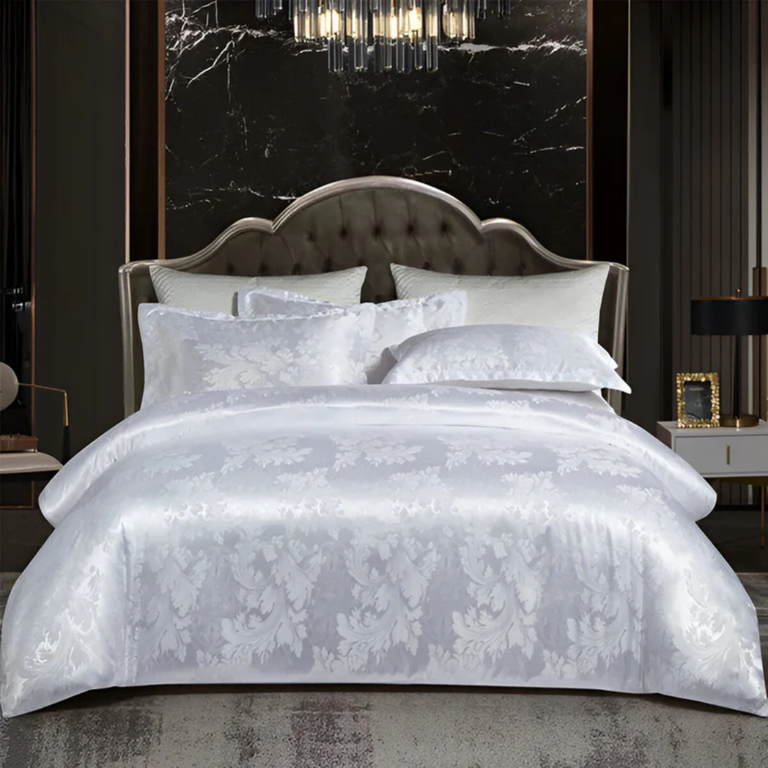 Floral Jacquard Duvet Cover Set Silky Satin Bedding 3-Piece with Pillowcases All Season Breathable Comforter Cover for Bedroom Décor