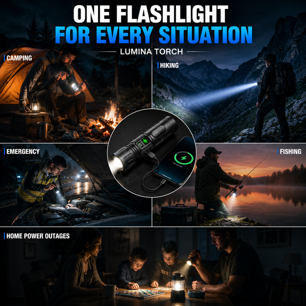 Heavy-Duty LED Flashlight with Power Bank Function, 5-Mode Zoomable Beam, Rechargeable 5000mAh Battery, Waterproof Aluminum Body for Camping