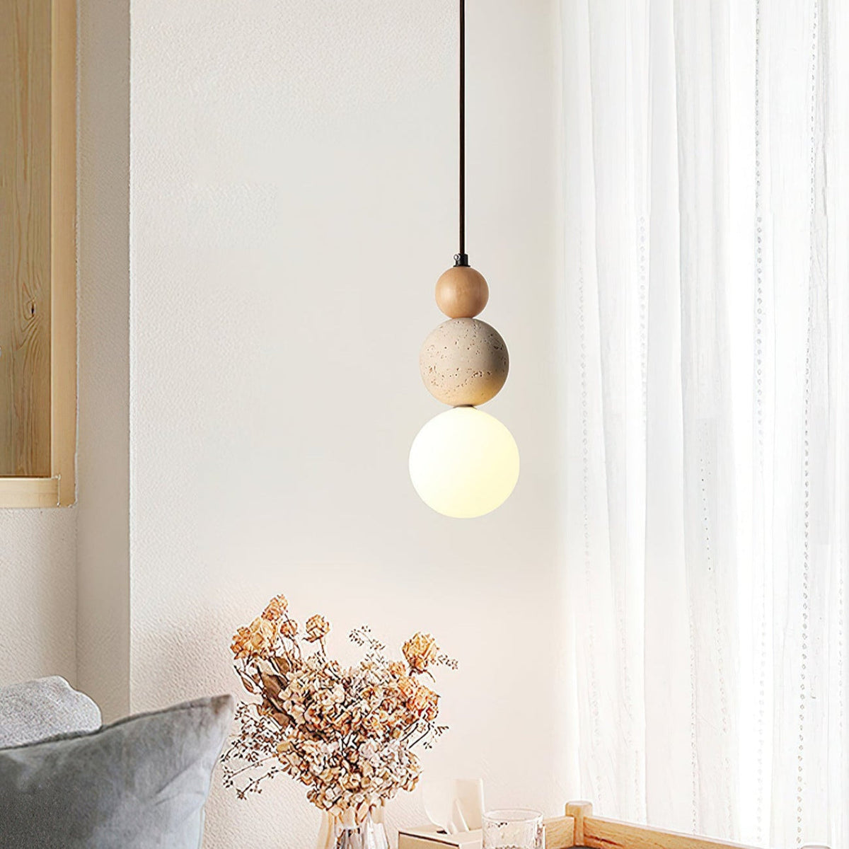 Stone Hanging Lamp for Bedroom Nightstand 4.7 in Cream Finish Soft LED Glow Modern Suspended Lighting Above Bedside Compact Space-Saving Cor