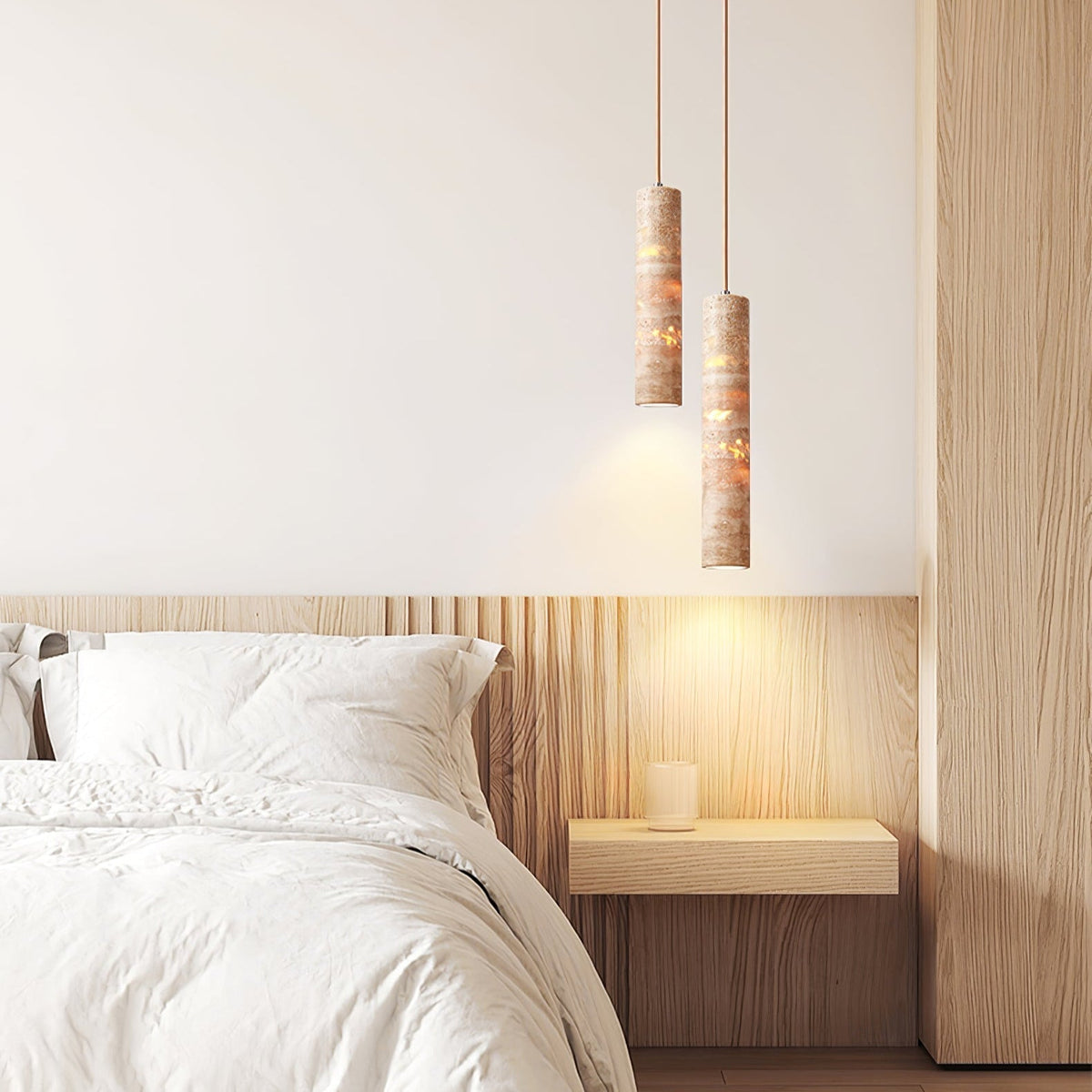 Lámpara colgante Stone Drop E27 con cable ajustable, color beige, 2.4 pulgadas de diámetro, para isla de cocina, barra, comedor, acabado de travertino, cilindro natural de 10-14 pulgadas.