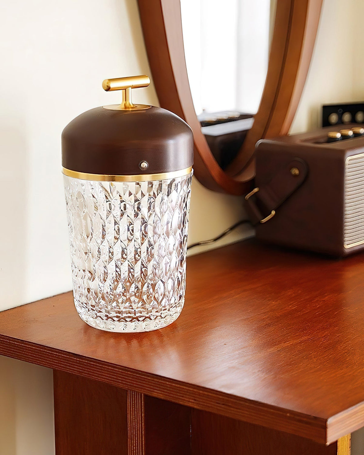 Rechargeable Crystal Desk Lamp with Wood Accents & USB Port – 11 in Cordless LED Reading Light for Nightstand, Office, Bedroom, Patio