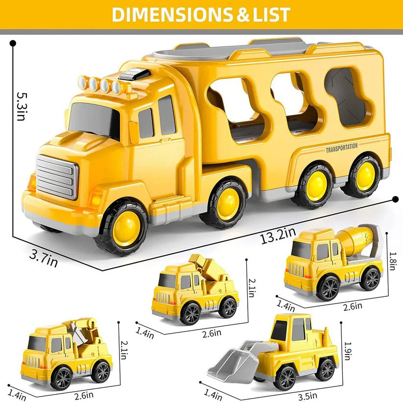 Construction Carrier Truck Playset with 5 Vehicles – Lights & Sounds, Push-and-Go Action, Detachable Cab for Kids