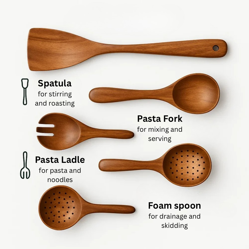 Juego de utensilios de cocina de madera natural