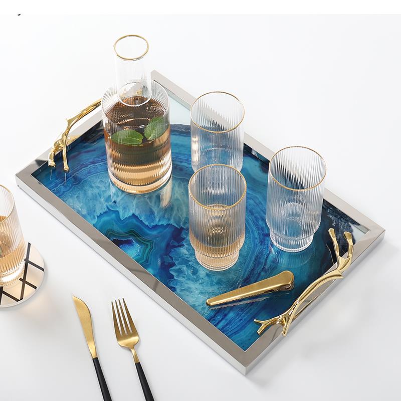 Decorative Serving Platter with Natural Stone Pattern Gold Silver Finish Coffee Table Centerpiece for Living Room Dining