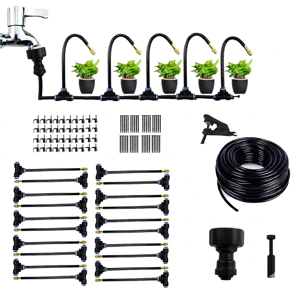 Outdoor Misting System 66 ft with 20 Copper Nozzles – Patio Cooling & Garden Irrigation for Decks, Plants & Greenhouses