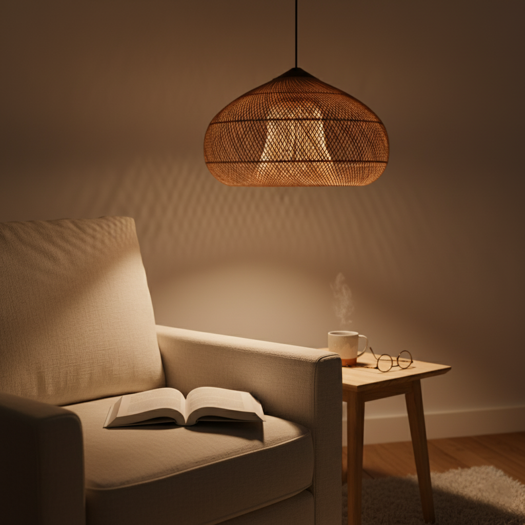 Woven Rattan Ceiling Light Fixture E26 Natural Boho Hanging Lamp for Dining Kitchen Island Bedroom Ambient Lighting Handcrafted Organic Text