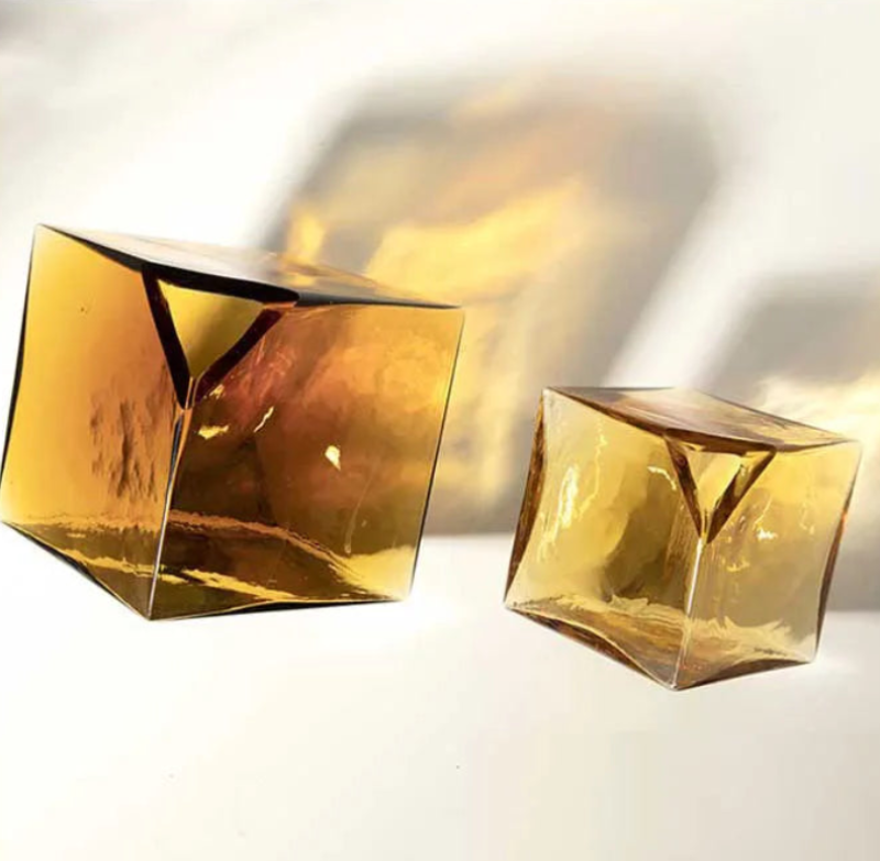 Geometric Amber Glass Vase – Modern Balancing Cube Design for Home Decor
