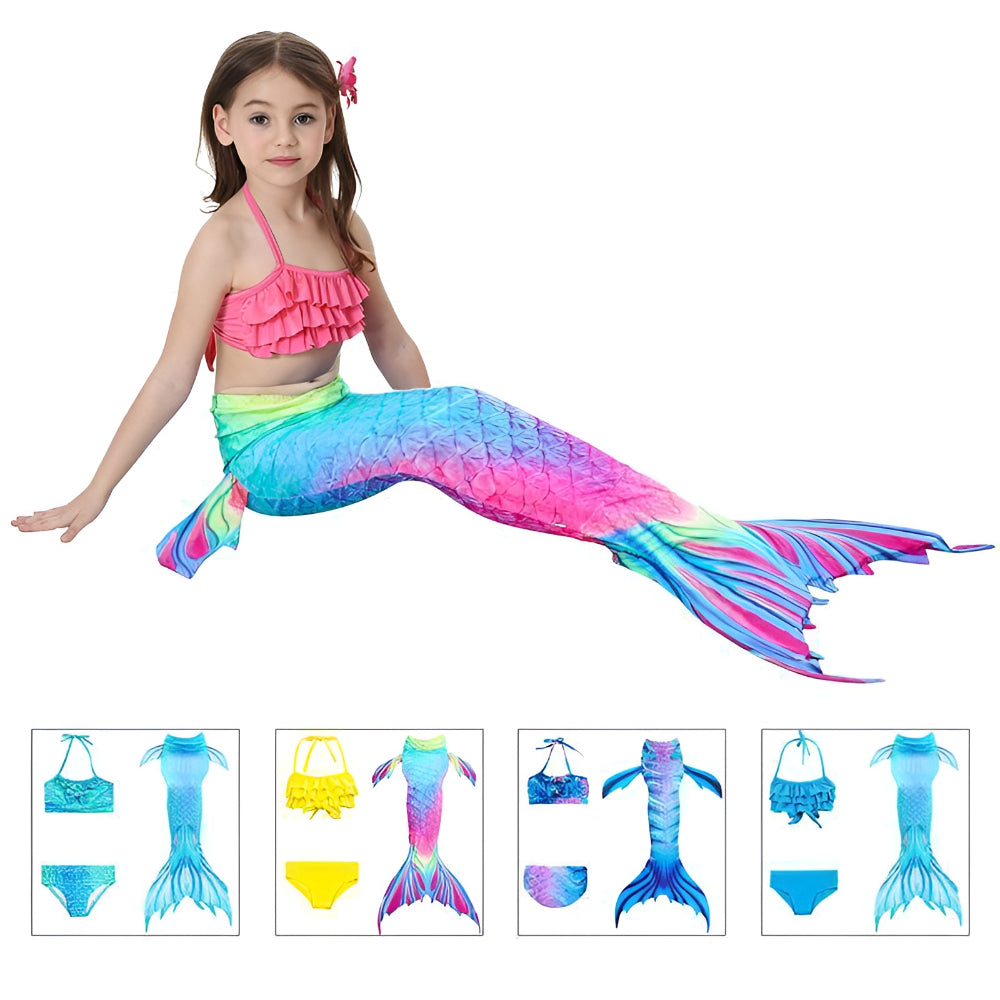 Conjunto de 3 piezas de traje de baño de sirena para niñas, ropa de baño para niñas con top, shorts y cola de sirena para nadar, conjunto de sirena para piscina y playa