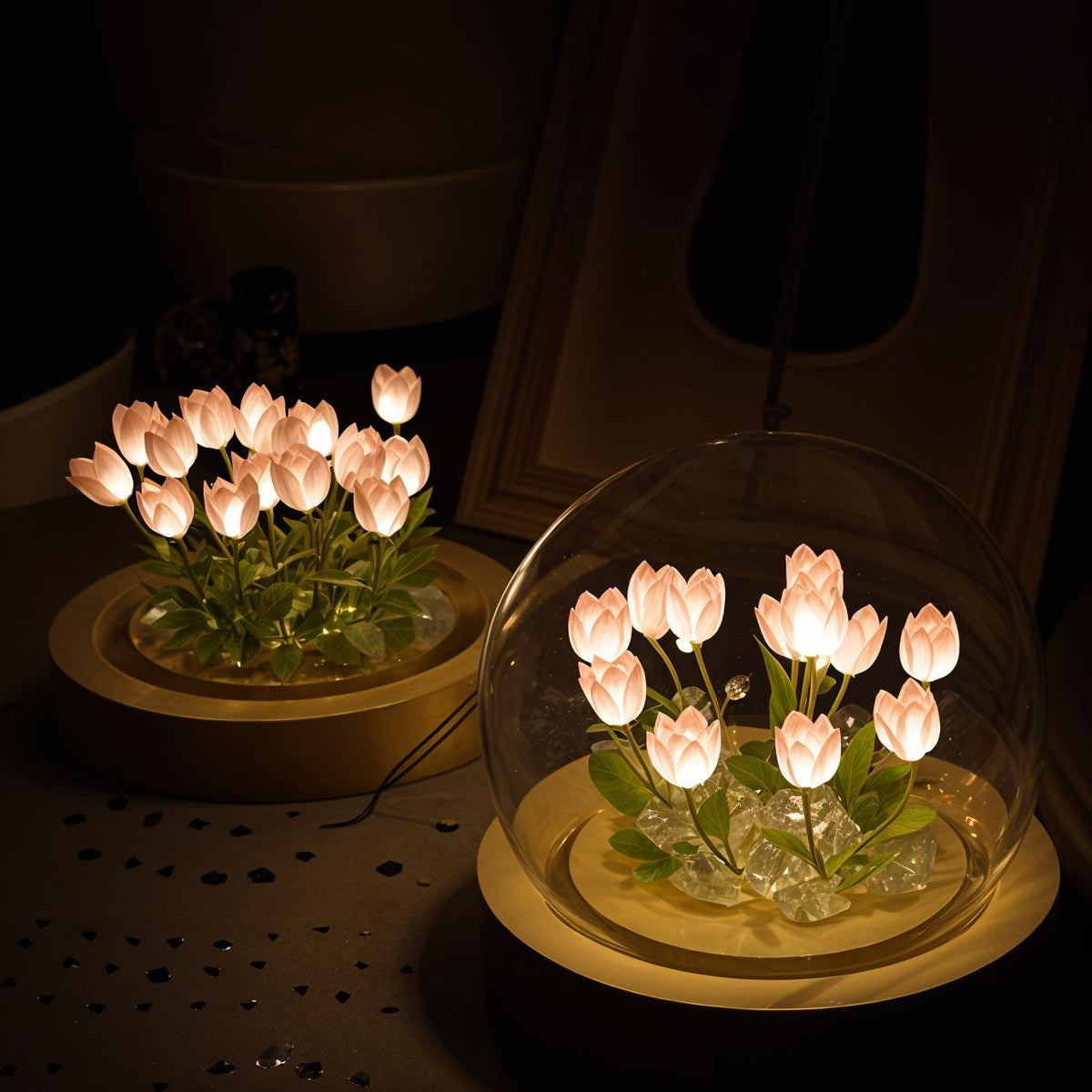 LED Tulip Dome Light DIY Craft Kit with Glass Globe 13 Flowers Battery Operated Table Accent Lamp for Bedroom Living Room Nightstand Decor