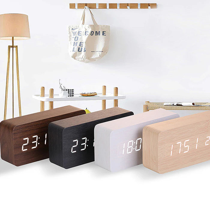 Wooden Bedside Charging Clock with LED Display – Qi Wireless Phone Charger Station with Time Date Temperature – Voice Activated Nightstand