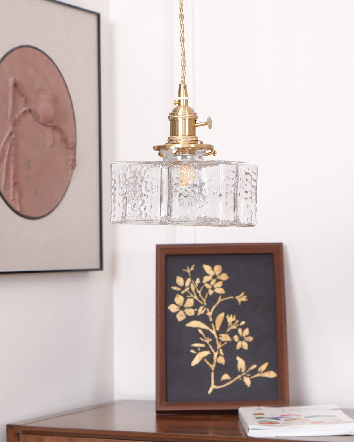 Glass Pendant Light with Brass Accents Adjustable Hanging Fixture for Kitchen Island Dining Room Modern Overhead Lighting E26 Socket