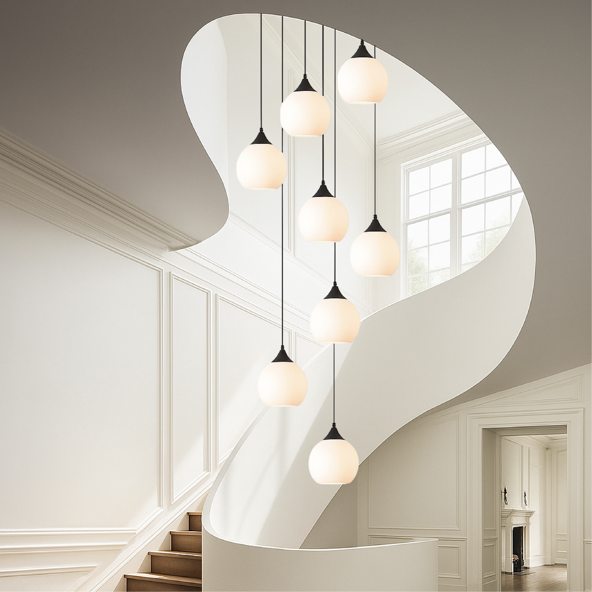 Multi-Drop Glass Globe Stairwell Fixture with Height-Adjustable Cable System for Vertical Spaces Black LED Illumination Mezzanine Entryway F