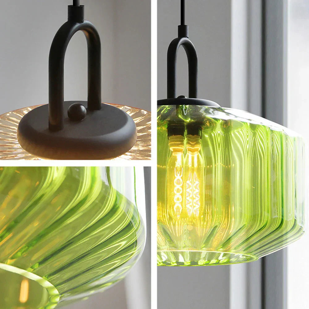 Artisan Glass Drop Light 11 in Green Striped Shade for Dining Tables Kitchen Islands Compact Overhead Fixture Ambient LED Glow