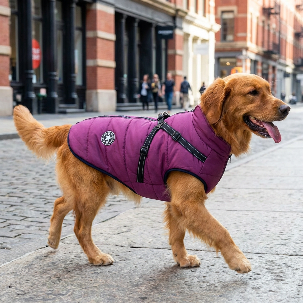 Cold-Weather Dog Coat with Fleece Lining & Leash Attachment — Weatherproof Outerwear for Active Pups, All Breeds, Reflective Safety Trim