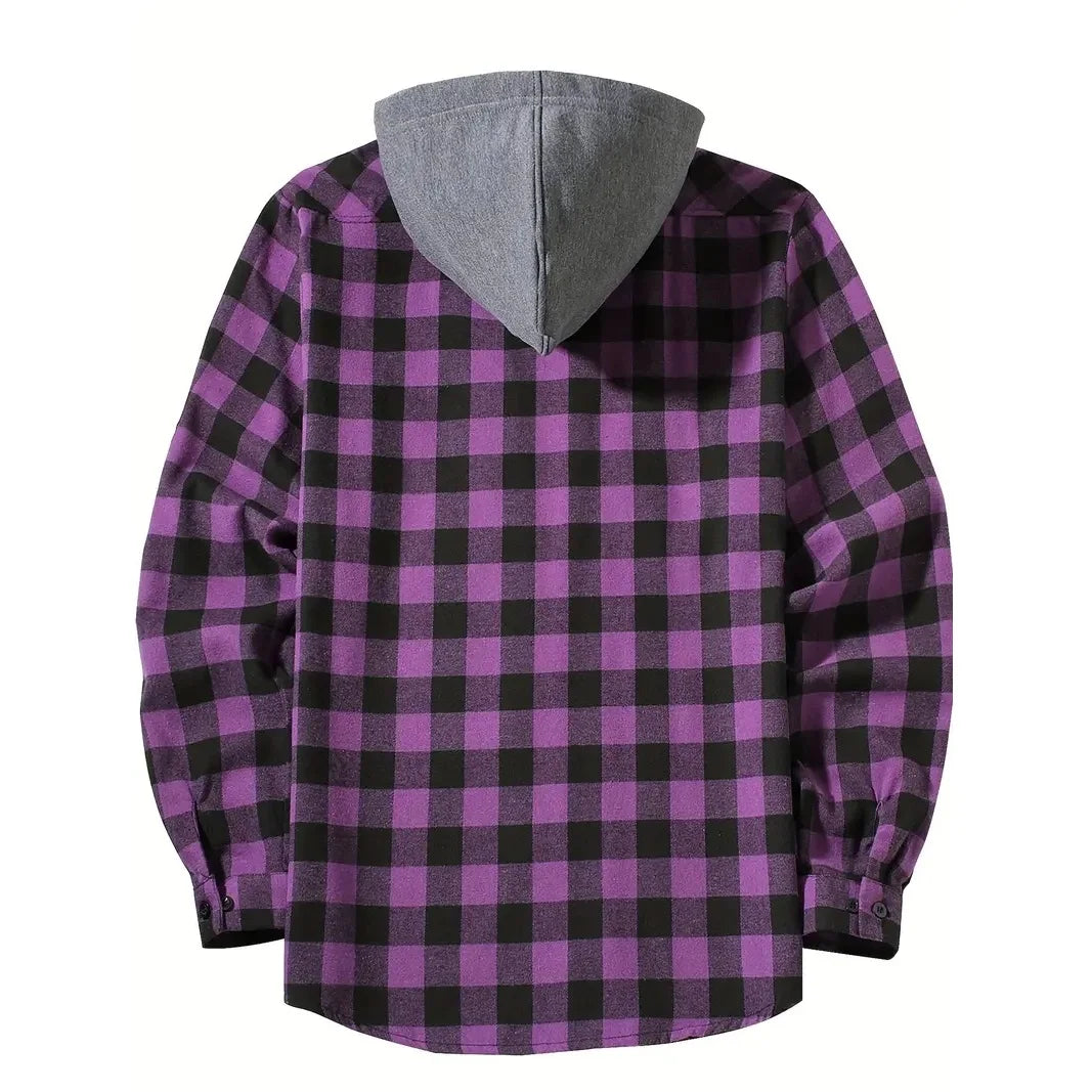 Hooded Plaid Flannel Button-Down Shirt for Men – Long Sleeve Cotton Blend with Double Pockets for Spring Fall Casual Wear
