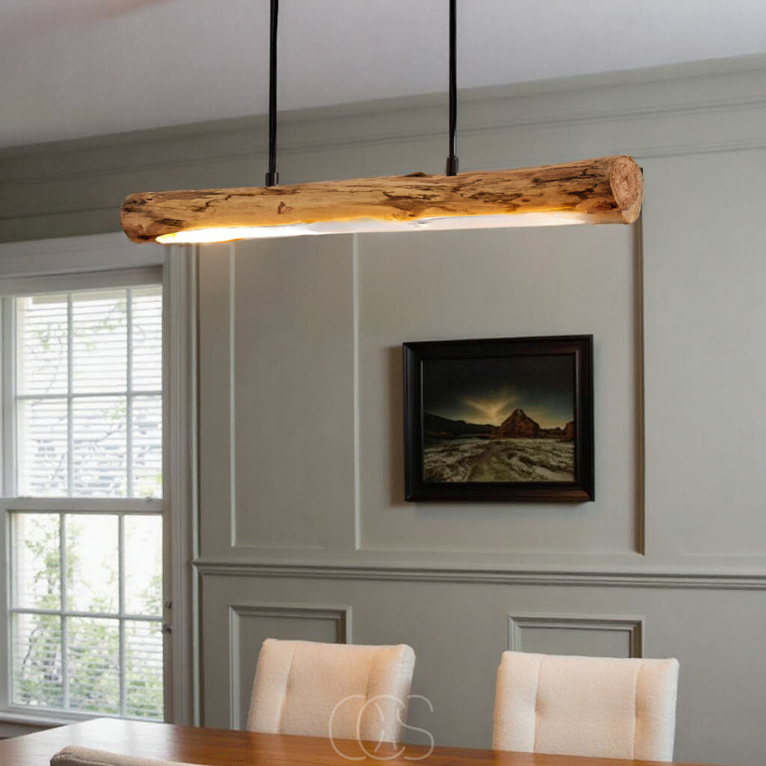 Linear Wood Beam Suspended Light Fixture 31 Inch Natural Finish Dimmable LED Bar Over Island Dining Room Kitchen Adjustable Drop Height Rust