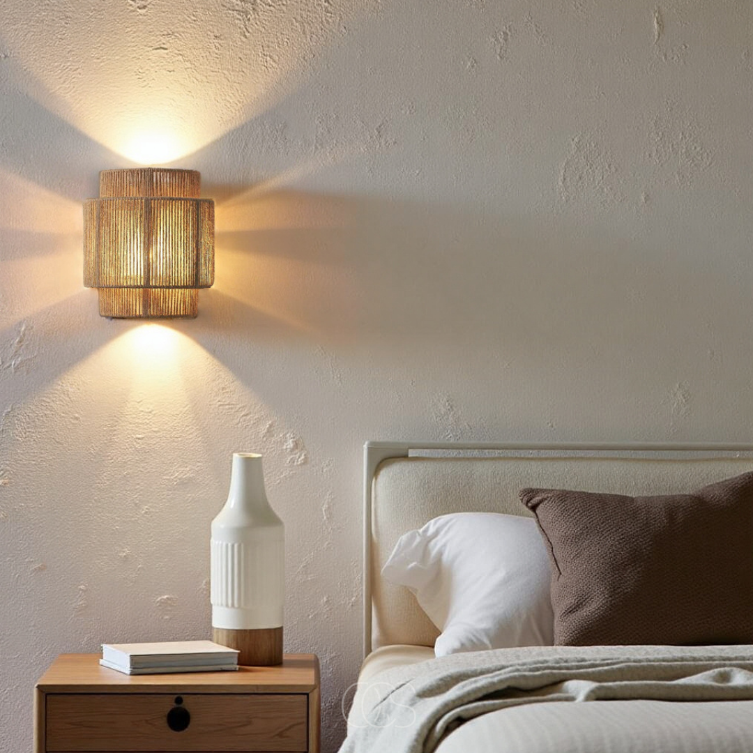 Aplique de pared de ratán tejido a mano con pantalla de fibra natural para dormitorio, sala de estar, pasillo, decoración bohemia, de granja, escandinava y Japandi, luz cálida