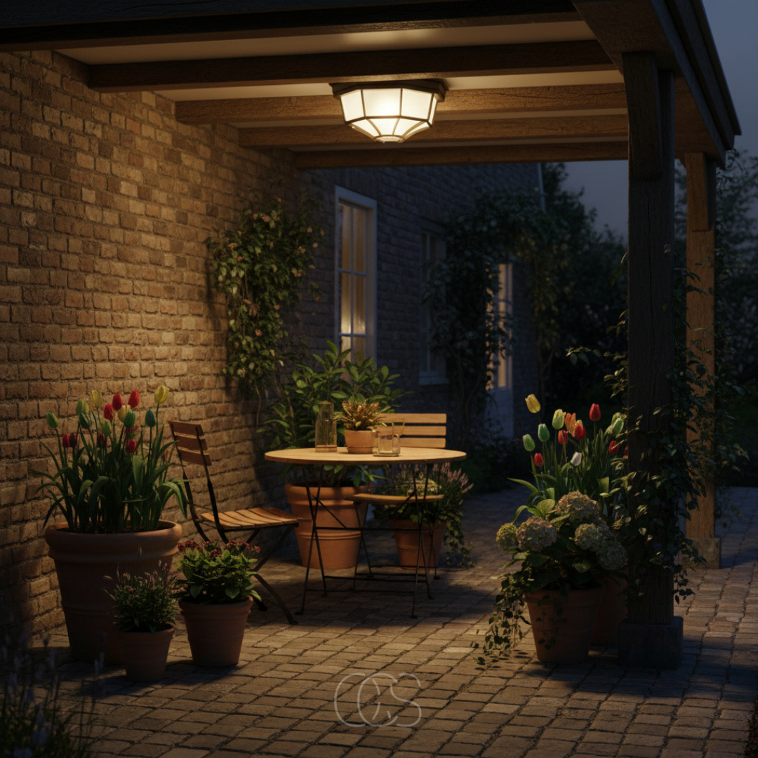 Outdoor Flush Mount Ceiling Light with Glass Shade & Aluminum Housing for Porch, Patio, Entryway