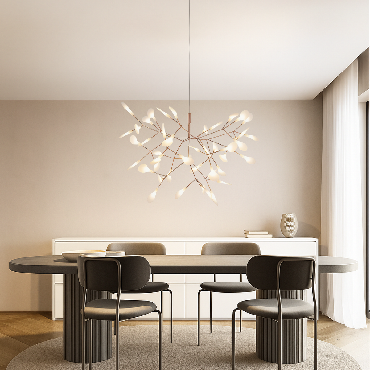 Rose Gold Hanging Light Fixture 28 in Wide 45 LED Branches Modern Dining Room Chandelier for Living Room High Ceiling Kitchen Island Ambient