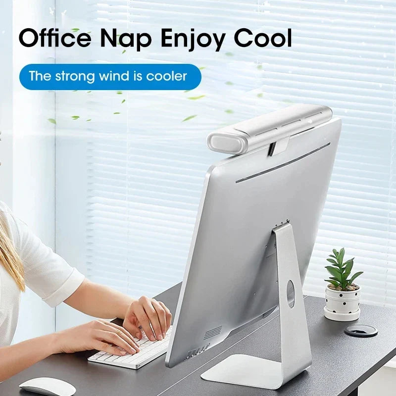 Ventilador de pinza para escritorio con tira de luz LED, pequeño ventilador de pinza recargable por USB para monitor y escritorio de oficina