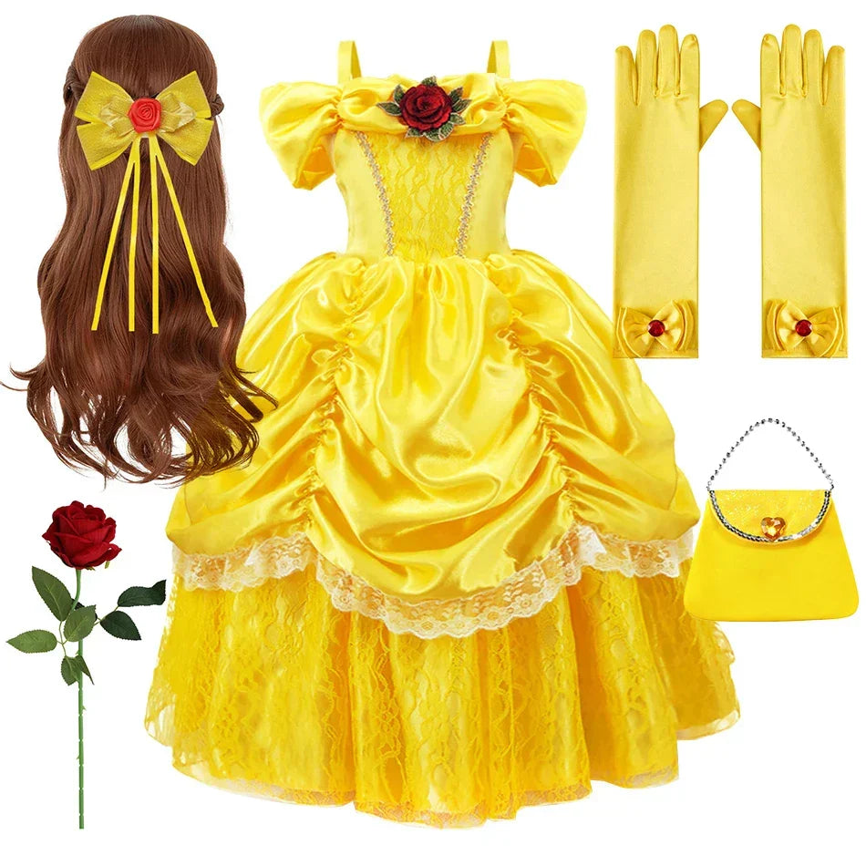 Girls Princess Gown Costume with Tiara and Gloves – Complete Belle-Inspired Dress-Up Set for Birthday Parties, Halloween, Cosplay & Special