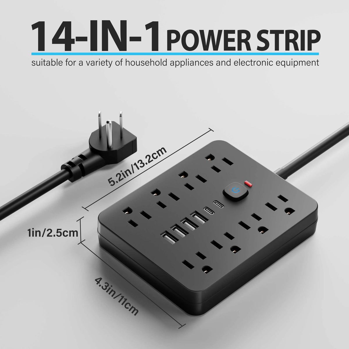 Versatile Power Hub | Surge Protector Power Strip with 8 AC Outlets & 4 USB Ports | Compact Charging Solution for Home and Office