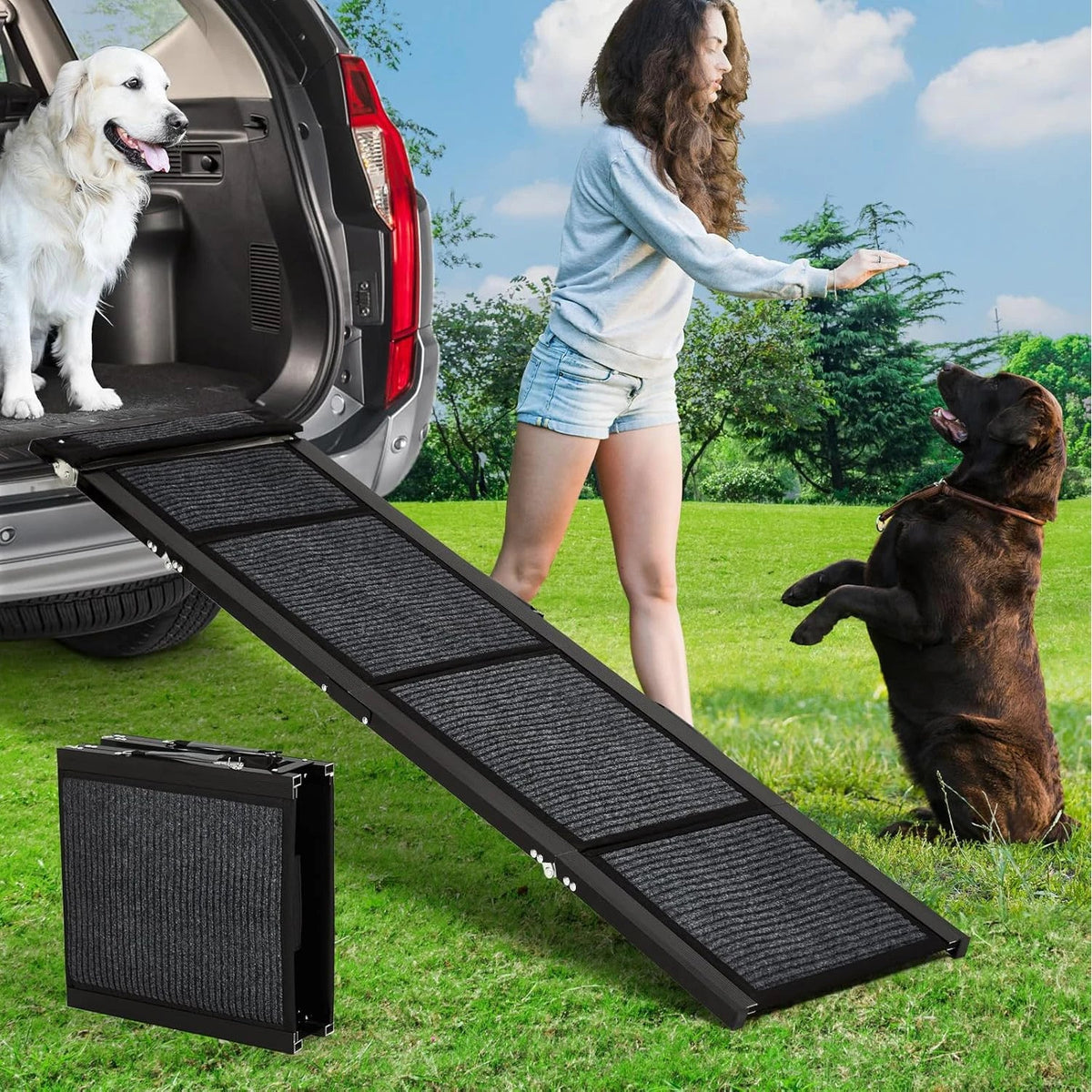 Rampa para perros para SUV y camioneta, rampa plegable en cuatro partes para mascotas con superficie antideslizante, rampa resistente para automóviles para perros y razas grandes
