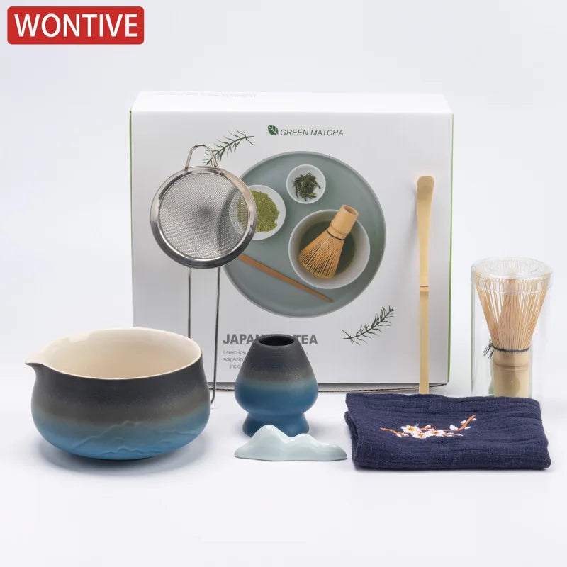 Ceramic Matcha Tea Set with Bamboo Whisk & Strainer | Traditional Japanese Tools for Authentic Tea Preparation