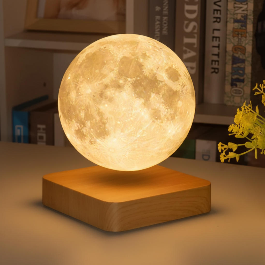 Levitating Moon Night Light with Wooden Base | Rechargeable LED Desk Accent | Touch Dimmable Color Changing Glow | Realistic Lunar Surface f