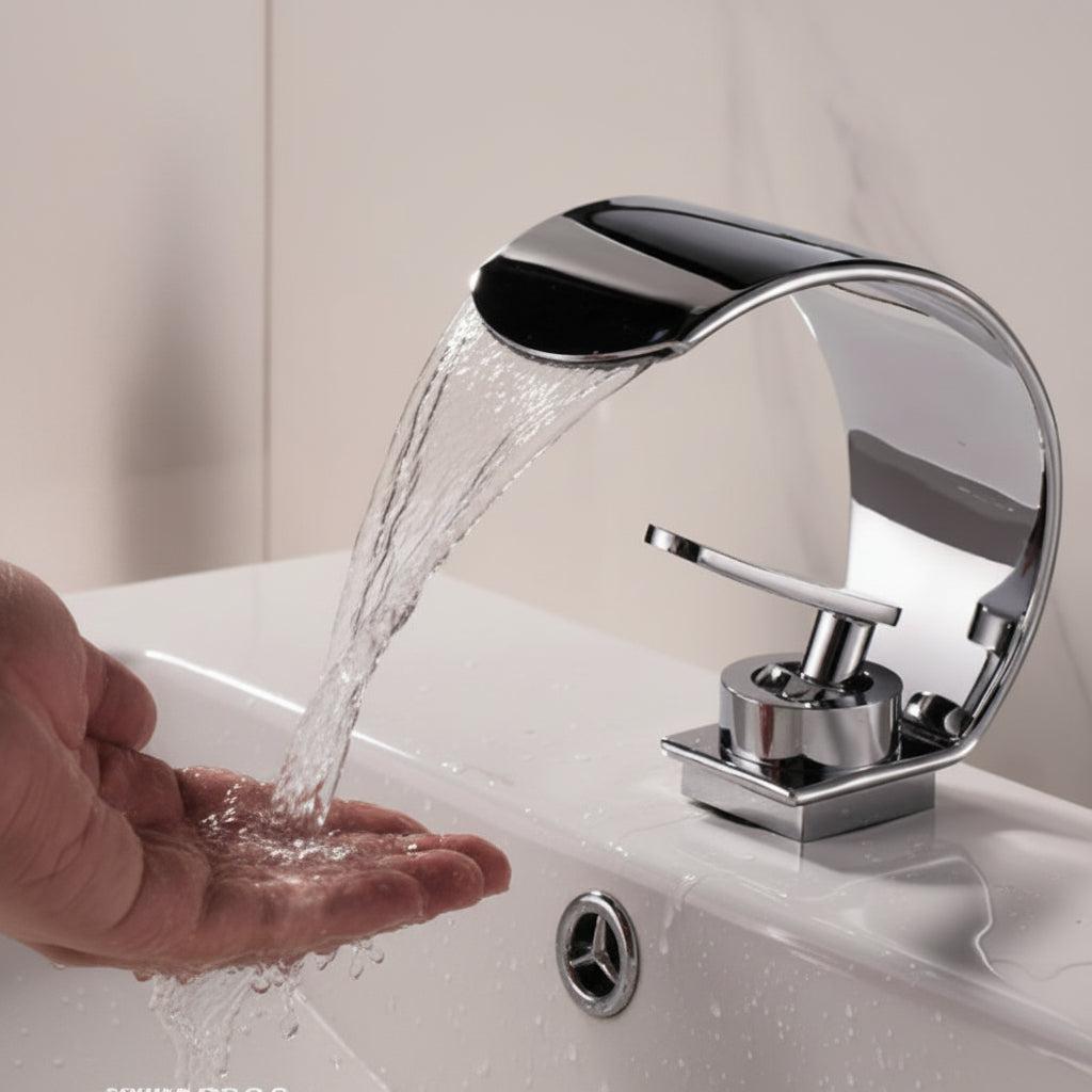 Curved Waterfall Bathroom Sink Faucet with Mirror Finish – Single Handle Hot & Cold Mixer Tap for Modern Vanity & Basin – Polished