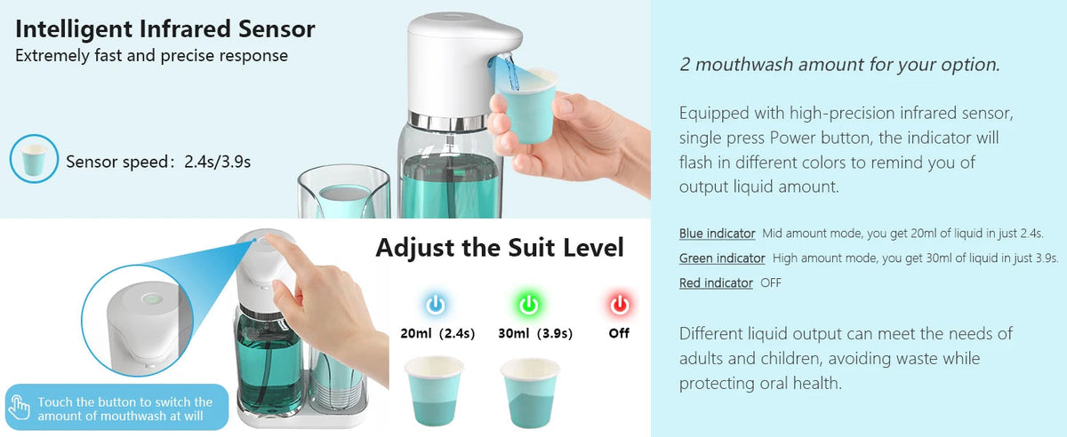 Dispensador de enjuague bucal sin esfuerzo | Diseño manos libres con volumen ajustable para un cuidado bucal higiénico