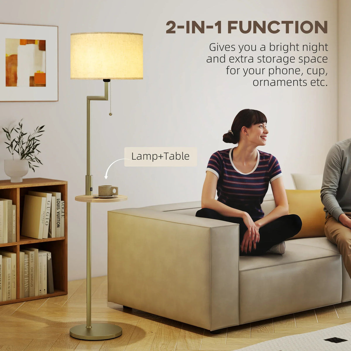 Arc Floor Lamp with Bamboo Shelf and USB Charging Port 67 inch Gold Steel Frame Beige Linen Shade Reading Light for Bedroom Living Room Home