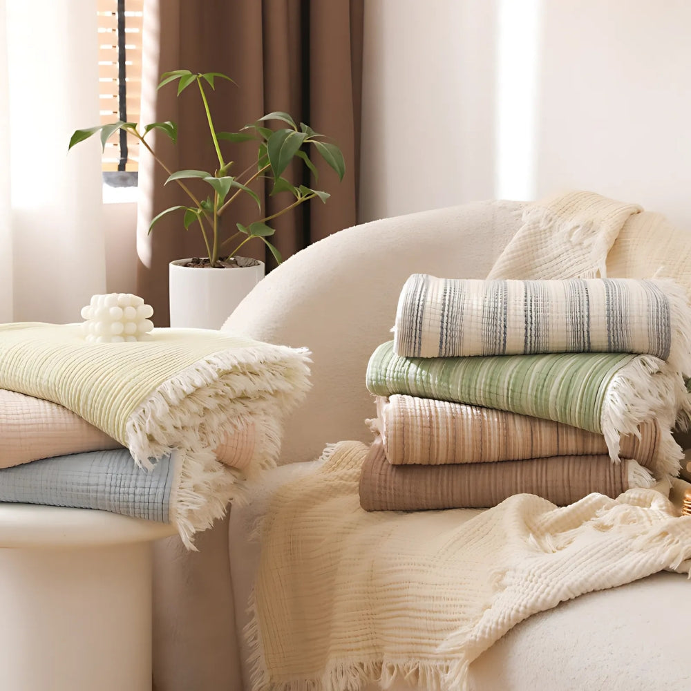 Colección Cozy | Manta de gasa de algodón muselina suave con bordes desflecados | Comodidad ligera para usar todo el año