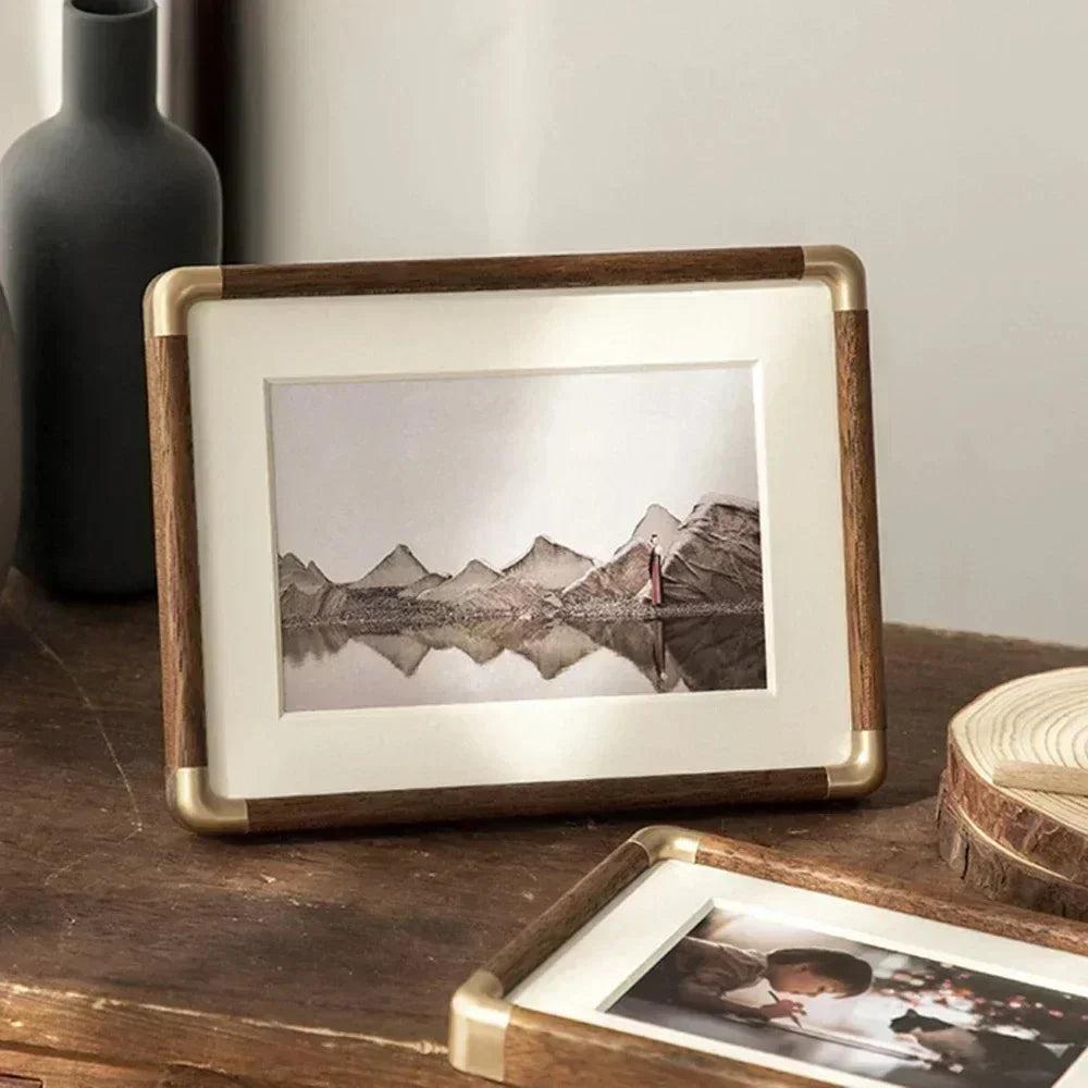 Solid Walnut Photo Frame with Gold Metal Corners and Cream Passe-Partout – Tabletop Display for Standard Photos