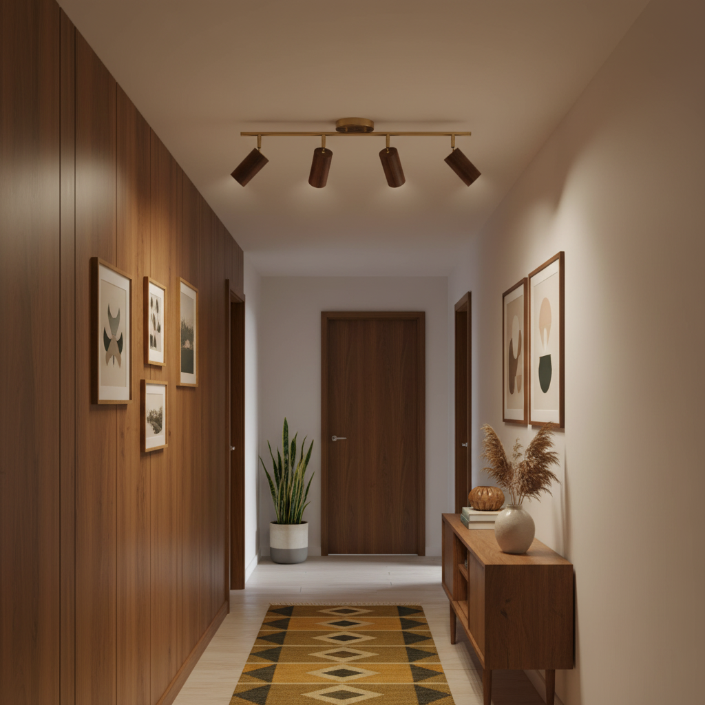 Pivoting Rail Ceiling Light Fixture with Walnut & Brass in Gold — Directional Spotlight Bar for Kitchens, Dens & Entryways — E26 Socket Spot
