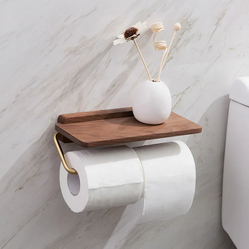 Walnut Wood Toilet Paper Holder with Integrated Shelf – Modern Bathroom Accessory, Wall-Mounted Design