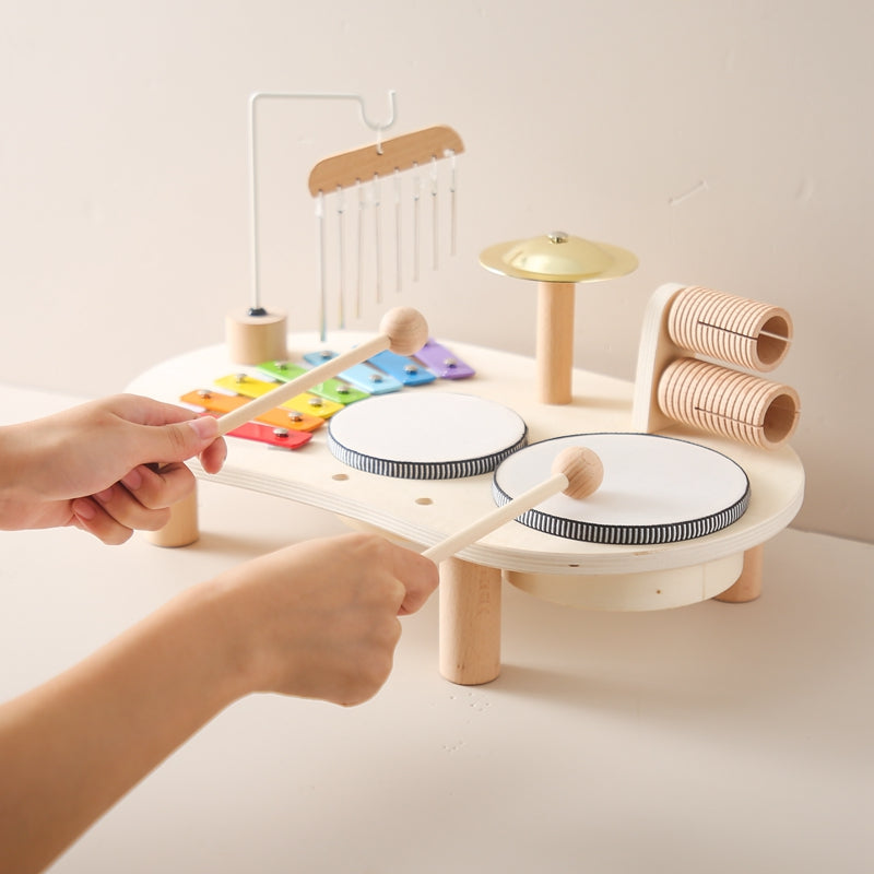 Wooden Musical Activity Table for Toddlers Multi-Instrument Play Set with Xylophone Drums Percussion Toys Early Learning Kids Music Center