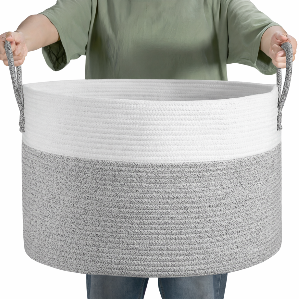 Oversized Woven Storage Basket for Laundry Toys Blankets Round Polyester Organizer with Handles 20x13 inches Brown Gray Two-Tone Home Bedroo