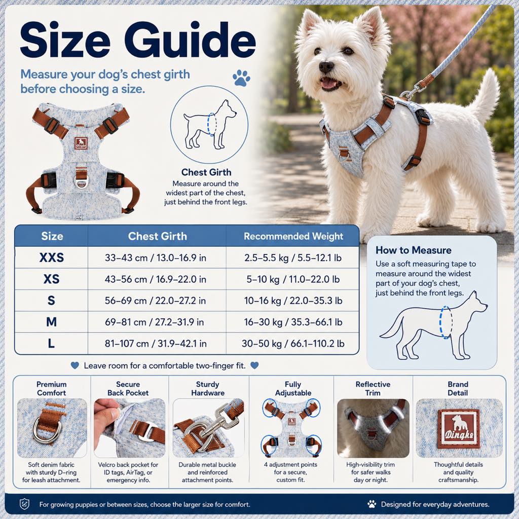 Ortekor Vintage Denim No-Pull Dog Harness &5 ft Rope Leash Set - Soft Adjustable Vest for Everyday Walks, Better Control & Low-Light Visibility