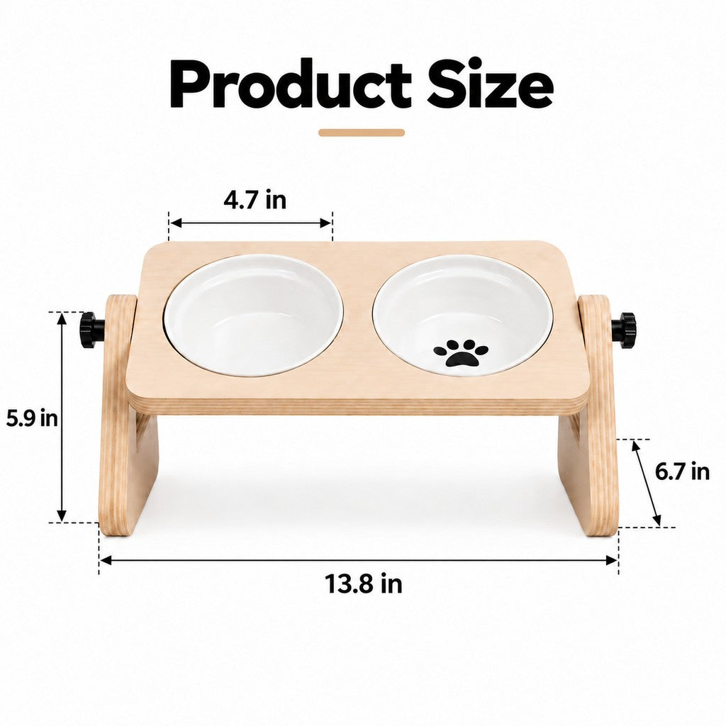 Ortekor Adjustable Wooden Elevated Pet Feeder with Double Ceramic Bowls for Cats & Small Dogs - Comfortable Feeding Station for Home Use