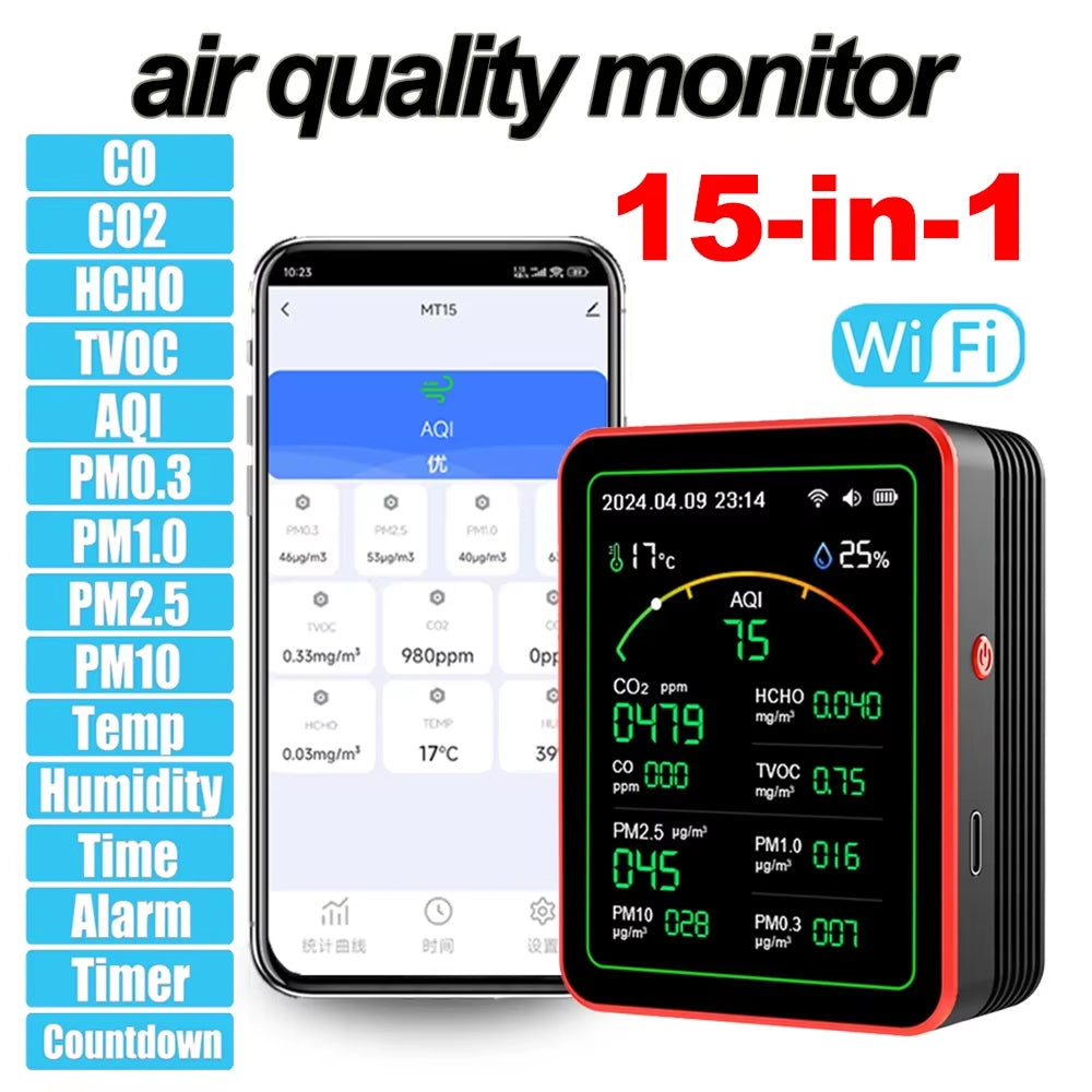 Monitor de calidad del aire interior 15 en 1 con WiFi: detector de CO2, COV, formaldehído y PM2.5 en tiempo real para el hogar, la oficina y automatización inteligente